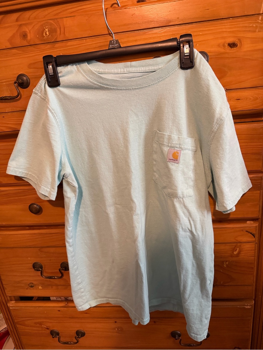 Carhartt Light blue-green color. Pocket Tee with Yellow Logo Patch